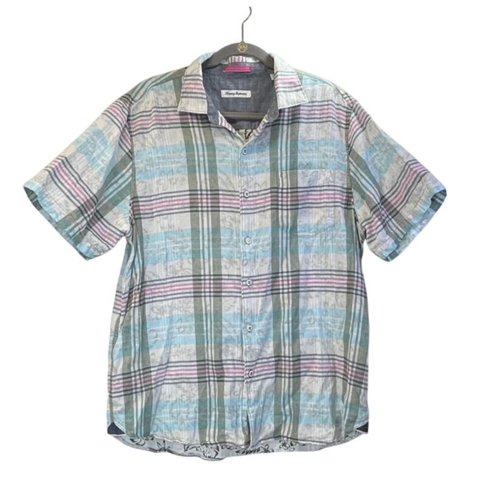 Tommy Bahama Men L Striped Light Blue Button Up Short Sleeves Casual/Preppy Top